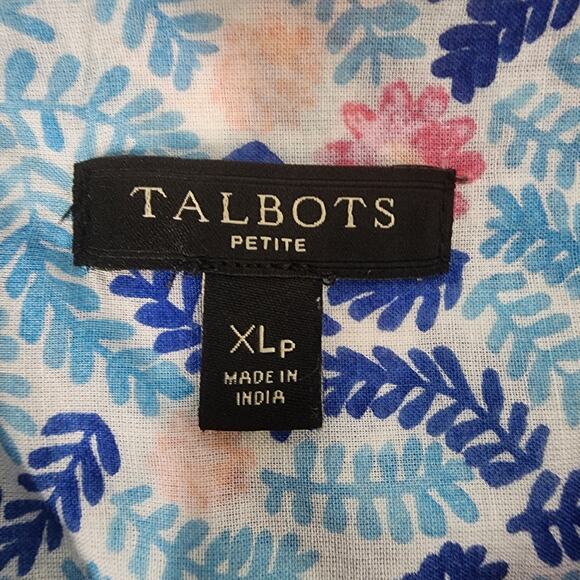 Talbots Petite Shirt XLP Button Front Classic Cotton Blue Pink Floral Ferns - Picture 7 of 8